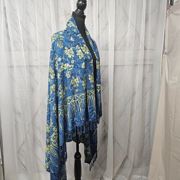 Two Cranes Blue Green Floral Fringed Batik Boho Rectangular Scarf Shawl Wrap - Picture 3 of 13